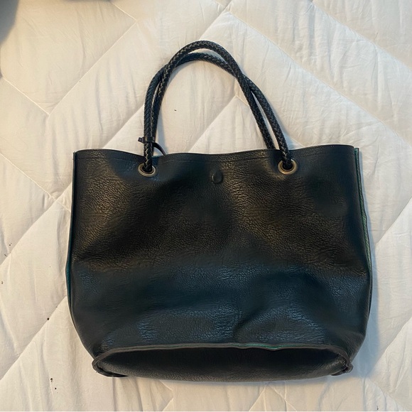 Large Metallic Blue and Black Reversible Leather Tote - Picture 3 of 9